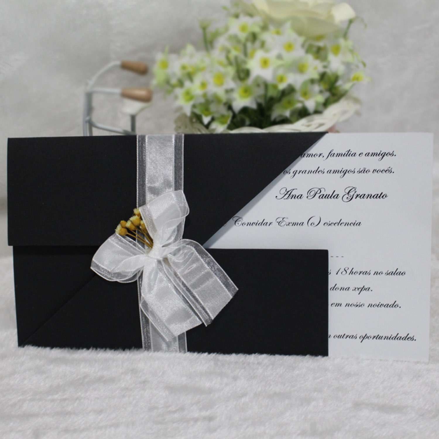 Black Invitation Card with Silk Bow Wedding Invitation Card Customized 